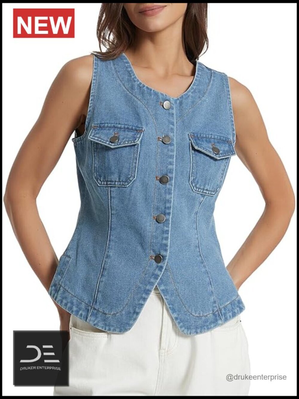 Sleeveless Denim Vest Button Down Crewneck Casual Summer Western Waistcoat